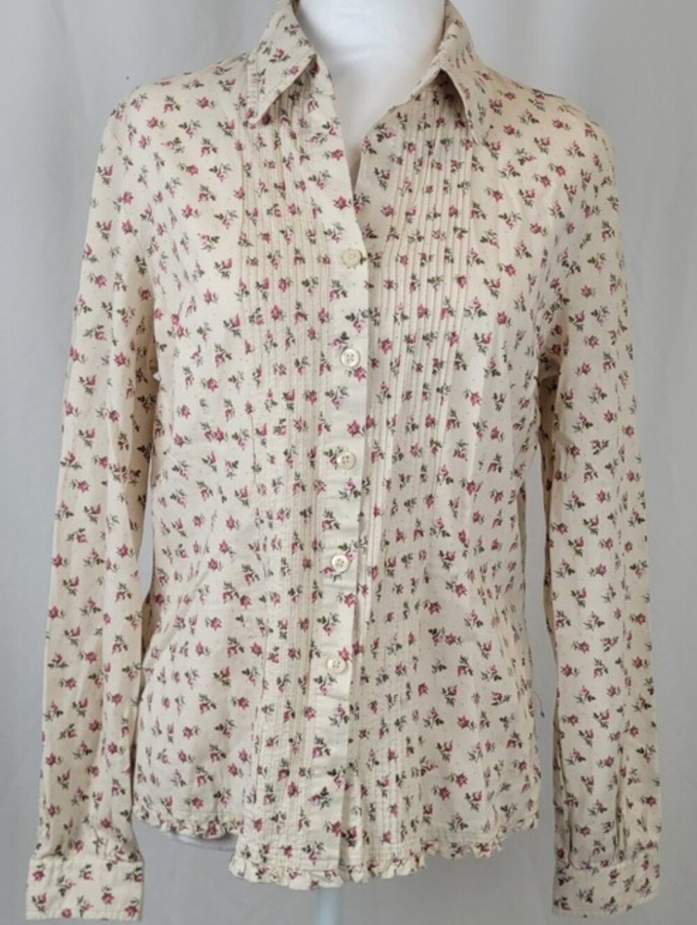 Tommy Hilfiger Style Ditsy Floral Blouse - Ivory & Pink - Pleated Front - Size M